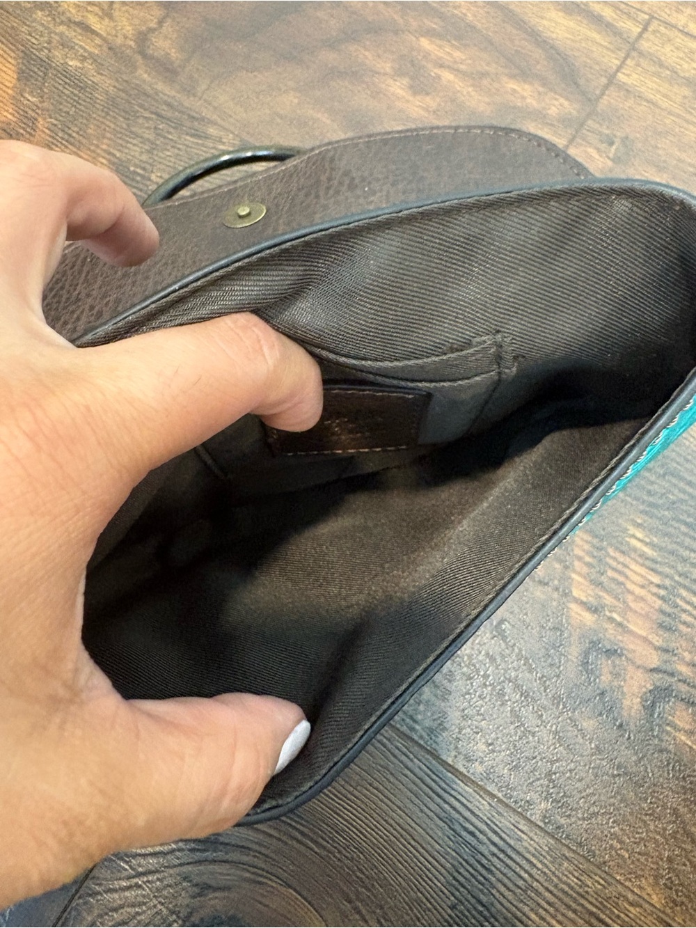 Tony Lama Turquoise and Brown Tooled Leather Floral Embossed Wristlet Clutch - Picture 4 of 4